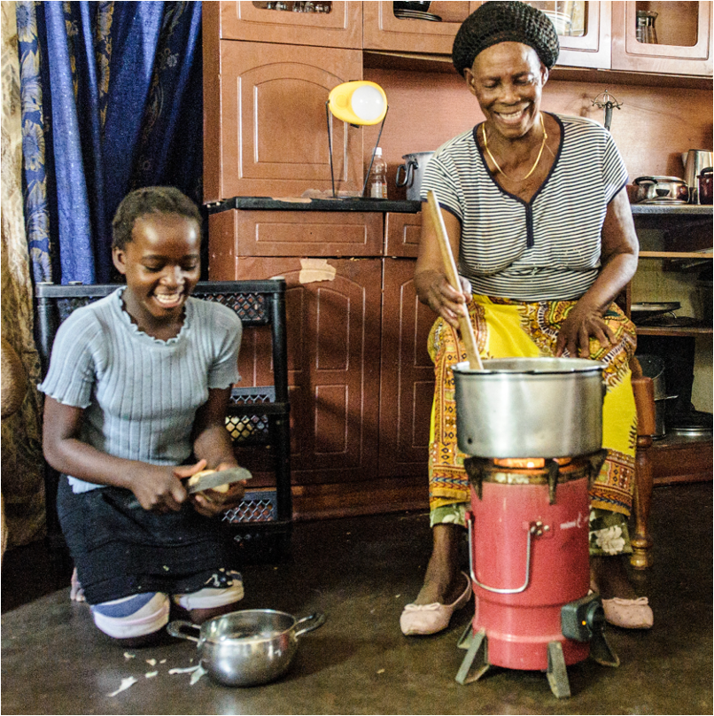 Woman and child cooking